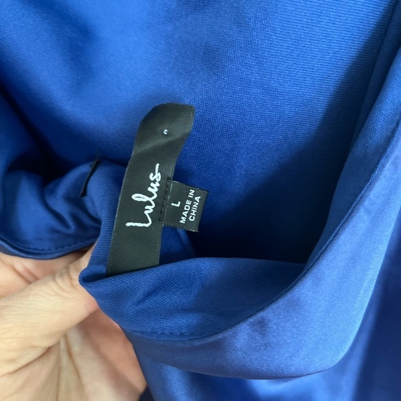 Flirtatious Evenings Blue Satin Asymmetrical Backless Maxi Dress - Picture 6 of 6